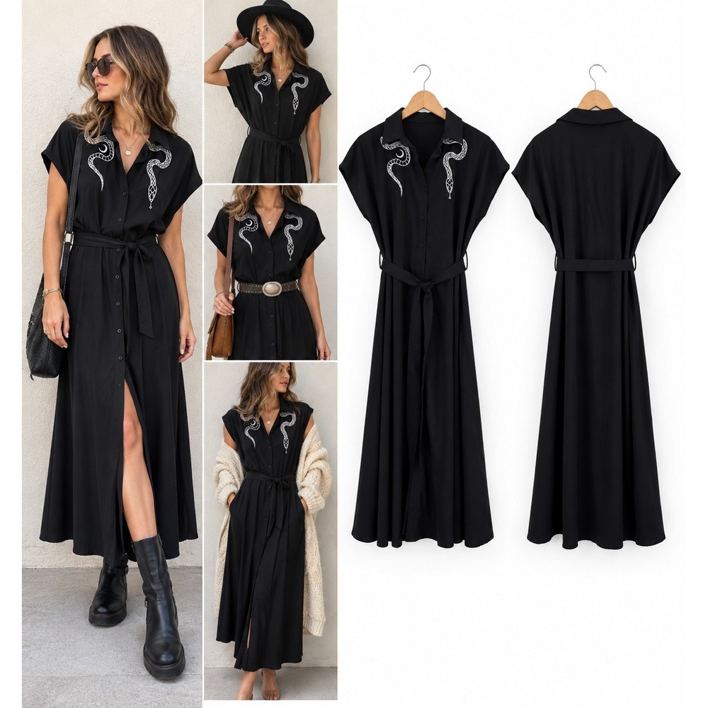 Gothic Snake Embroidered Button Front Belted Midi Shirt Dress L Black Whimsigoth - Picture 3 of 12